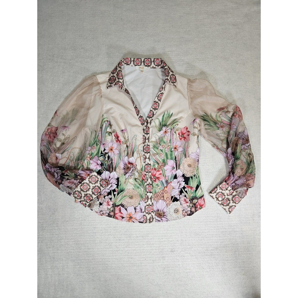 Peach Women's Large Floral Blouse Contrast Detail Sheer Sleeves Pearl Buttons